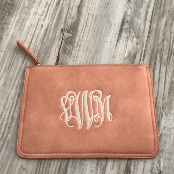 Cosmetic bag salmon monogram on the front never used good size 2 pouch z… - Picture 3 of 5